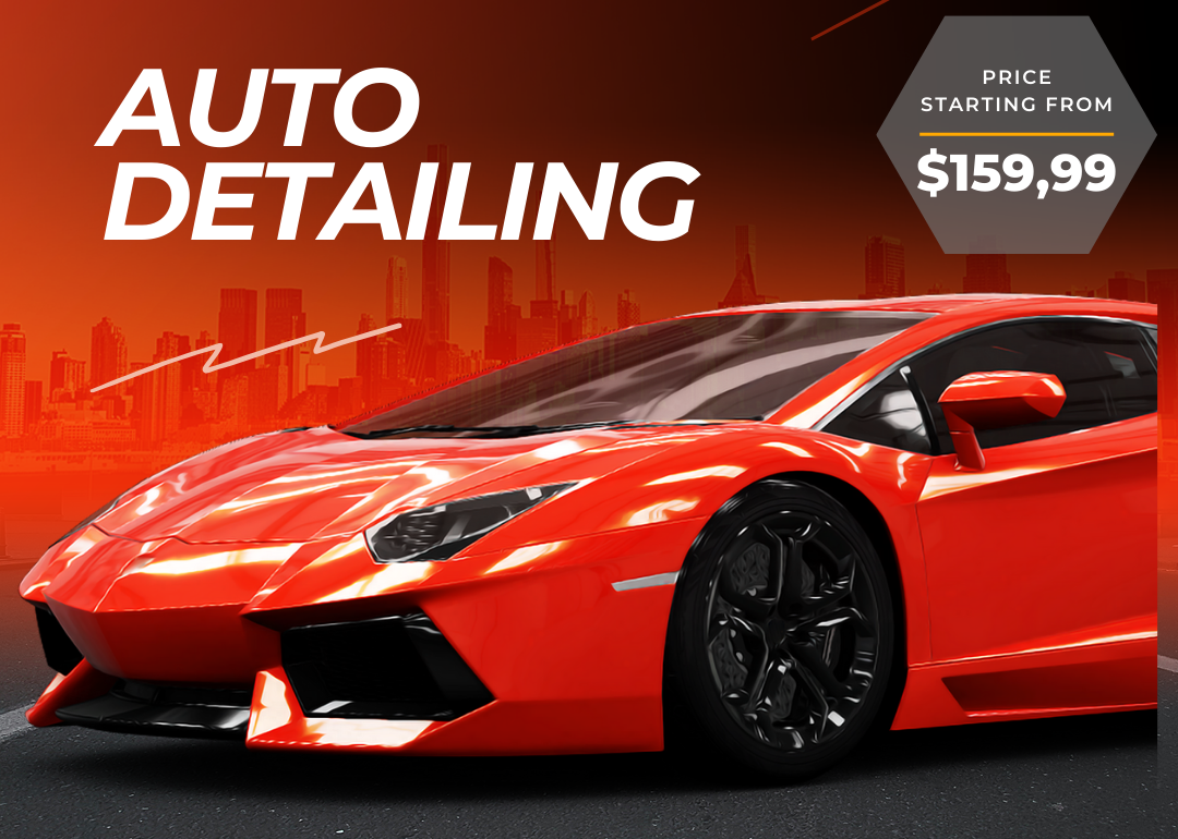 Advertisement for a 12-Month Auto Detailing Package featuring a red sports car, available starting at $159.99.