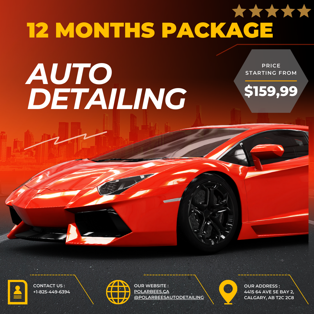 Advertisement for a 12-Month Auto Detailing Package featuring a red sports car, available starting at $159.99.