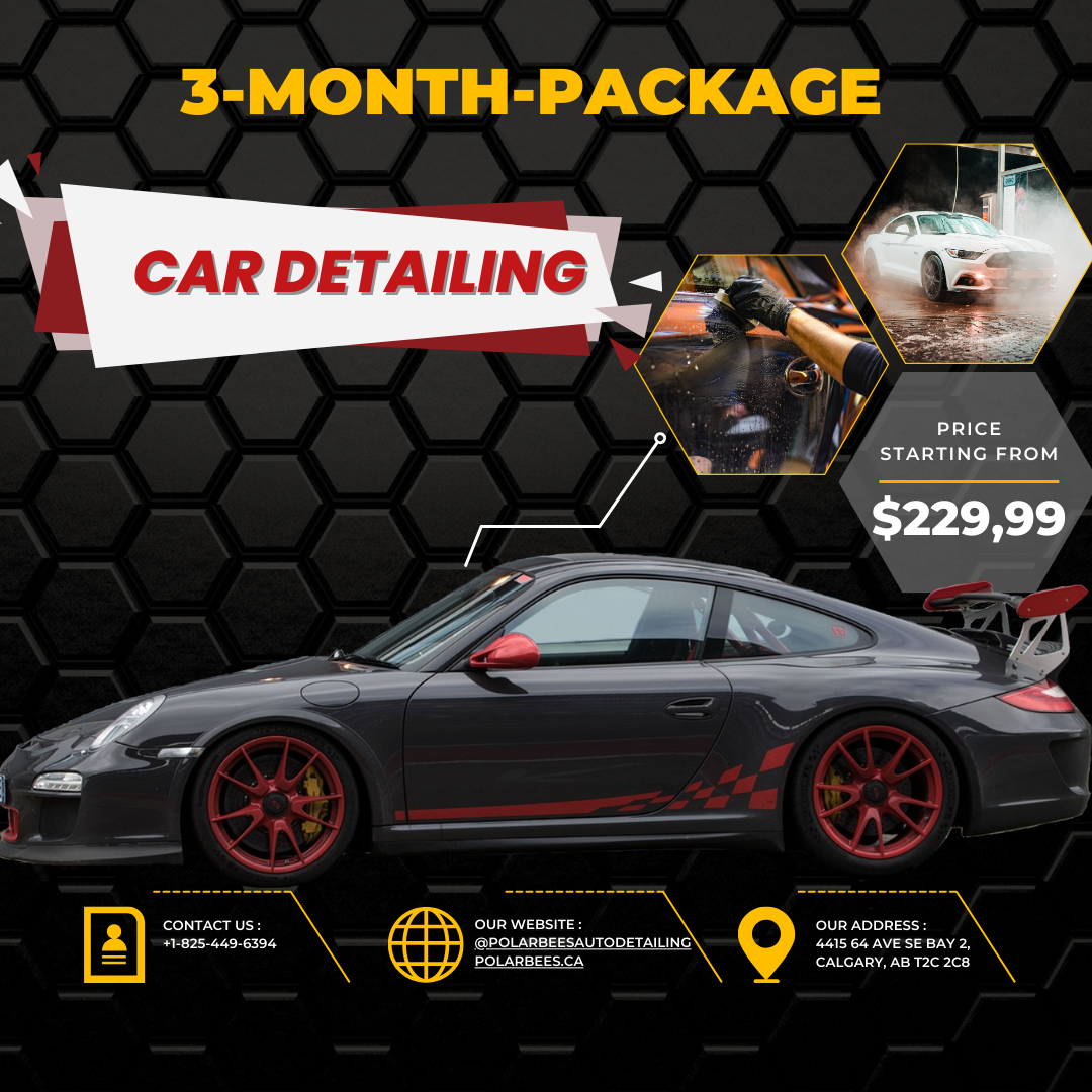 Image of a black sports car with red accents promoting a 3-Month Car Detailing Package for $229.99 with key detailing icons.